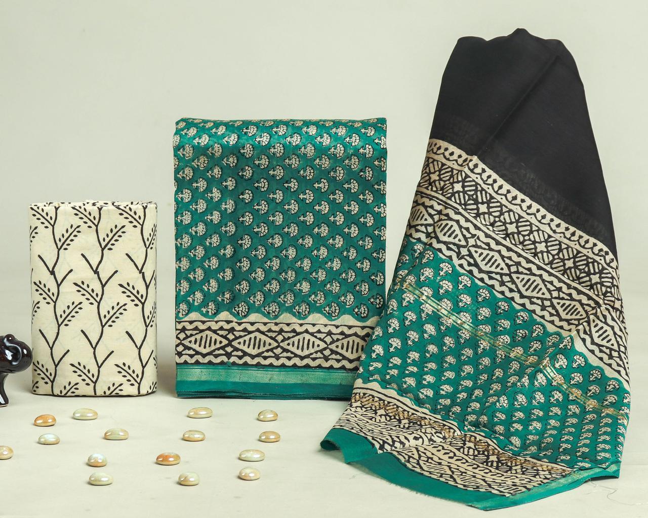 DESIGNER HAND BLOCK PRINT CHANDERI SILK SUIT SET WITH PREMIUM CHANDERI DUPATTA (CHDYS63)