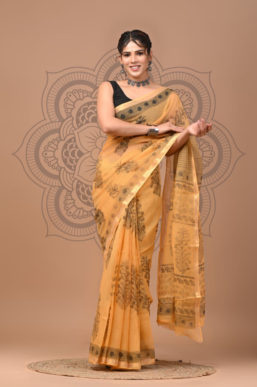 DESIGNER HAND BLOCK PRINTED KOTA DORIYA SILK SAREE(KDSYS23)