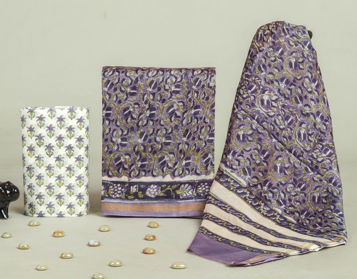 TRADITIONAL HAND BLOCK CHANDERI SILK SUIT SET WITH CHANDERI DUPATTA(CHDYS150)