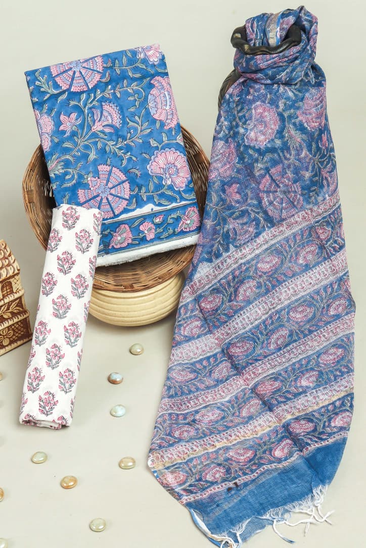 TRADITIONAL HAND HAND BLOCK PURE COTTON SUIT WITH KOTA DORIA DUPATTA (3CKDYS246)