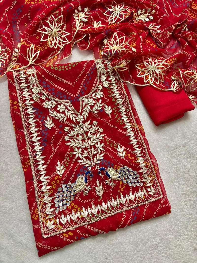 Georgette Bandhani Suit with Zardozi Handwork In Traditional Red colour (GBT01)