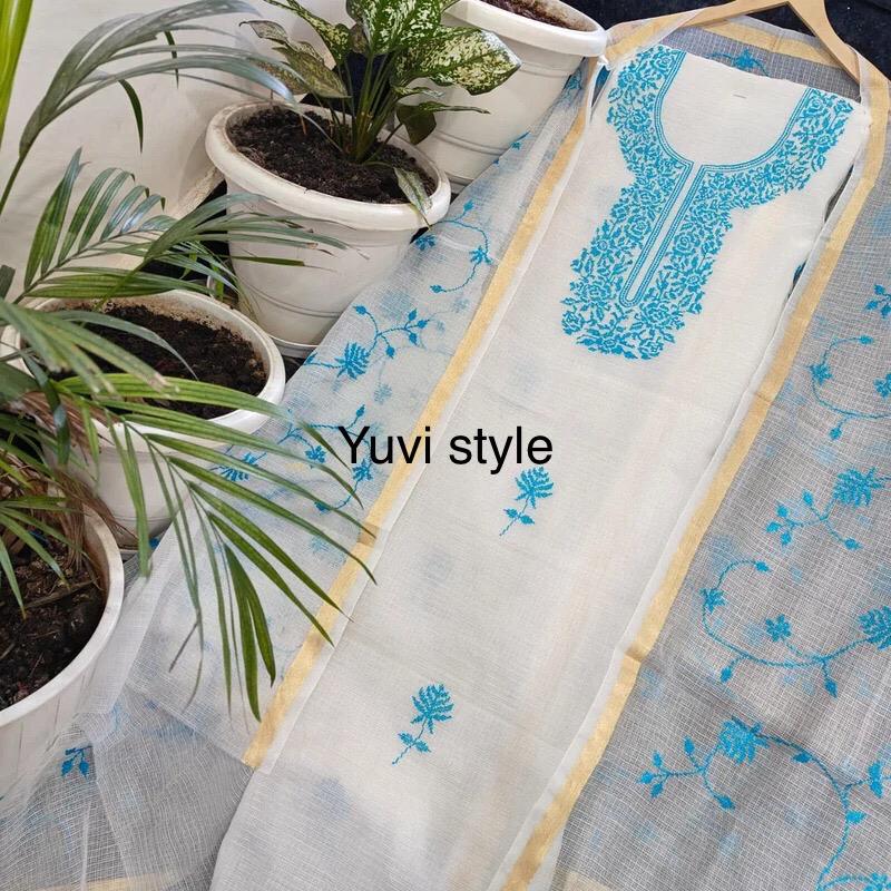 Beautiful Kota Doria Suit In White Colour With Blue Embroidery Work (FKDYS68)