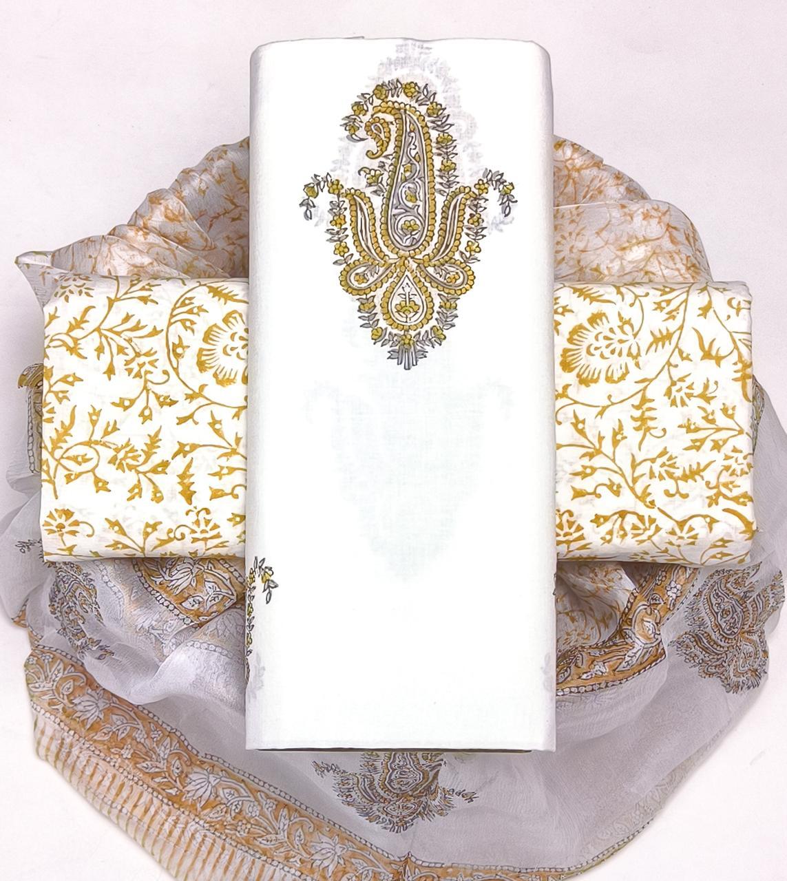 TRADITIONAL HAND PRINTED PURE COTTON SUIT WITH CHIFFION DUPTTA (PCHFYS129)