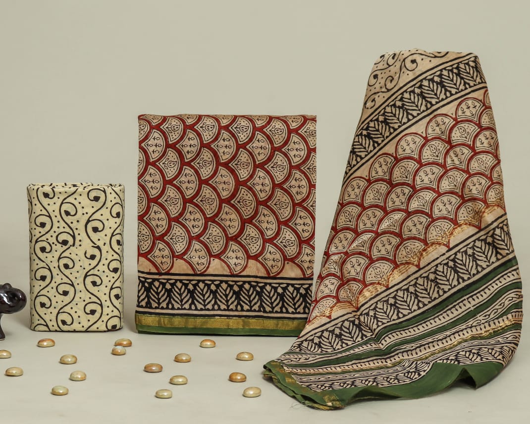 chanderi silk cotton dress material Akola Hand Block Print Chanderi Silk 2pc Unstitched Dress Material Kurta Set