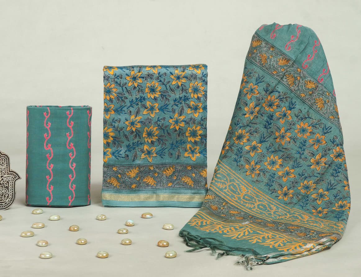 DESIGNER HAND BLOCK PRINT CHANDERI SILK SUIT SET WITH PREMIUM CHANDERI DUPATTA (CHDYS70)