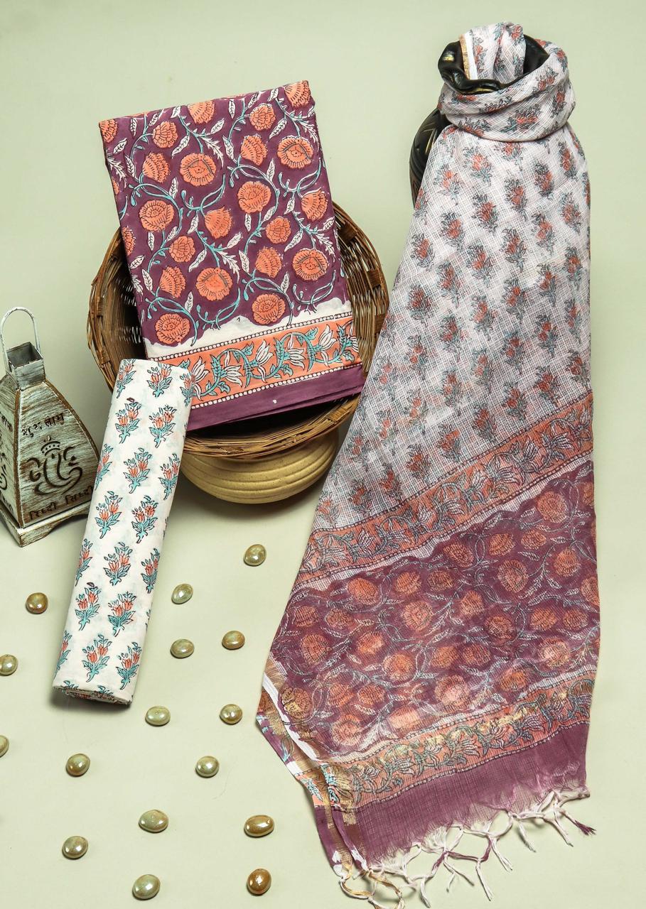 ELEGANT HAND BLOCK PURE COTTON SUIT WITH KOTA DORIA DUPATTA (3CKDYS161)