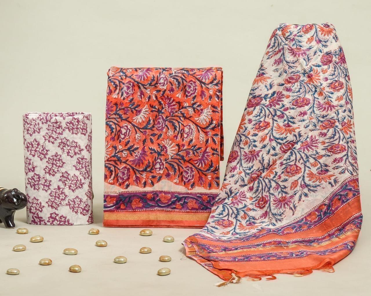 TRADITIONAL HAND BLOCK CHANDERI SILK SUIT SET WITH CHANDERI DUPATTA (CHDYS122)