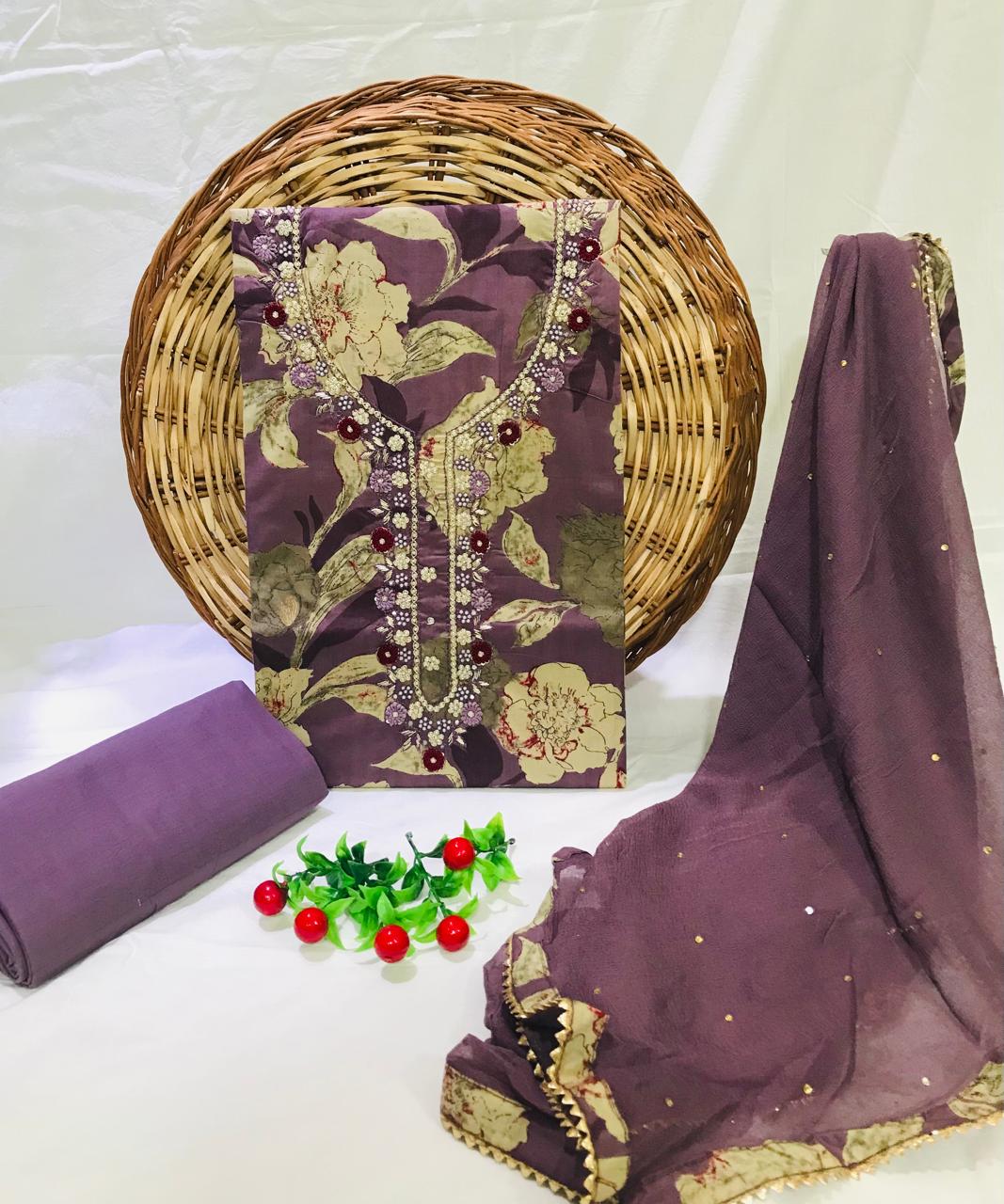 SANGANERI PRINT COTTON SUIT MATERIAL WITH CHIFFION DUPATTA NECK WORK (GOTAYS143)