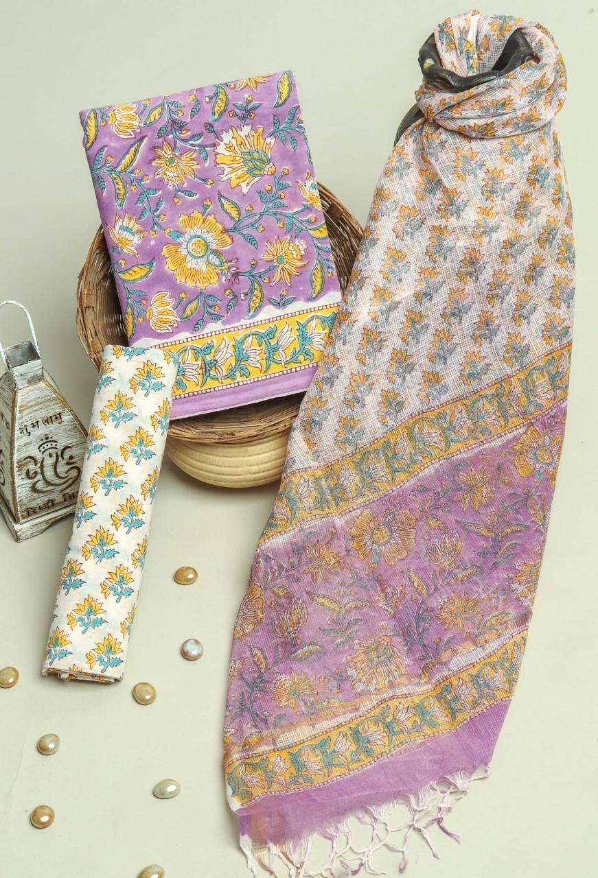 DESIGNER HAND BLOCK PRINT PURE COTTON SUIT MATERIAL WITH KOTA DORIA DUPATTA (3CKDYS63)
