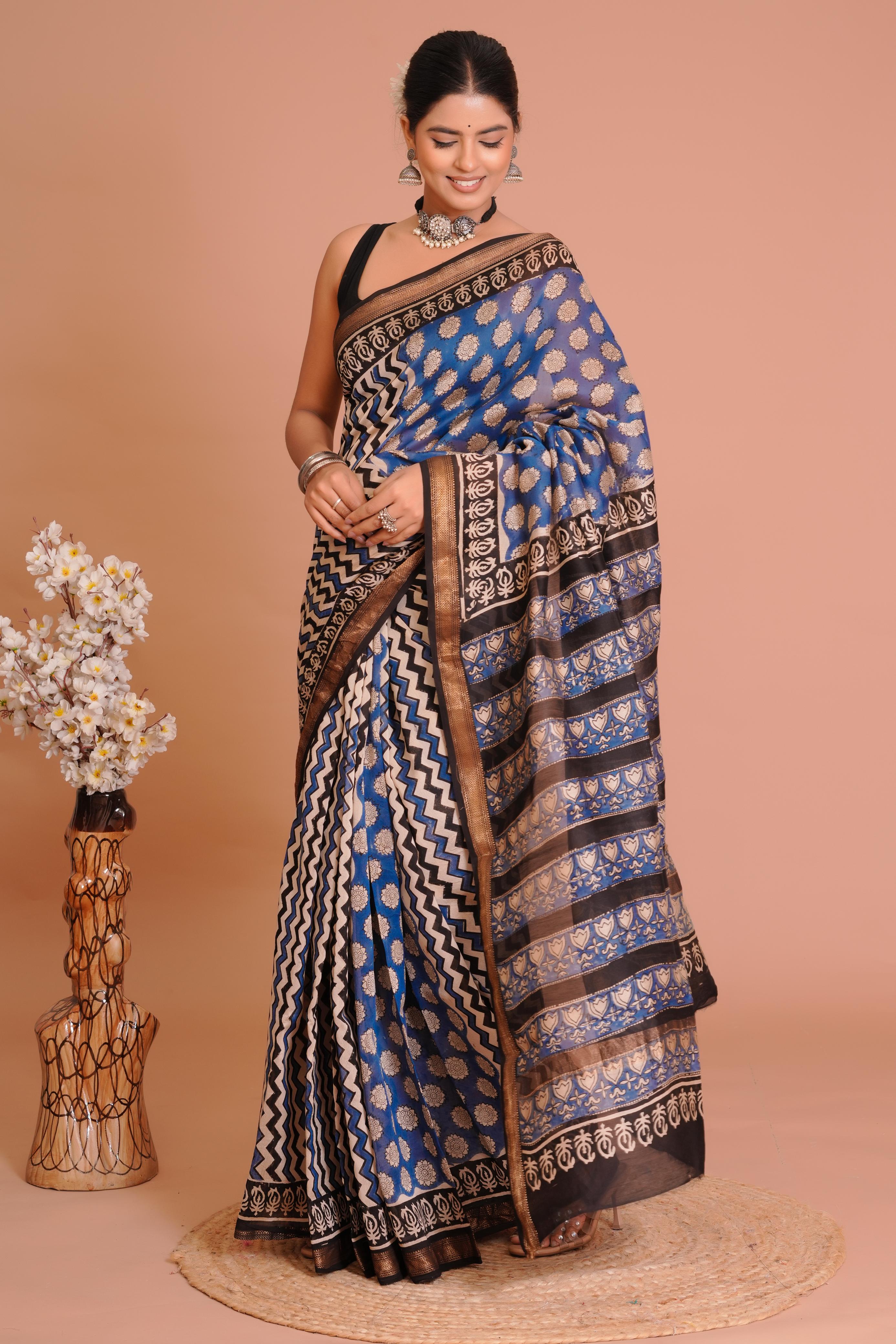 DESIGNER HAND BLOCK PRINTED MAHESWARI SILK SAREE ( MSYS08)
