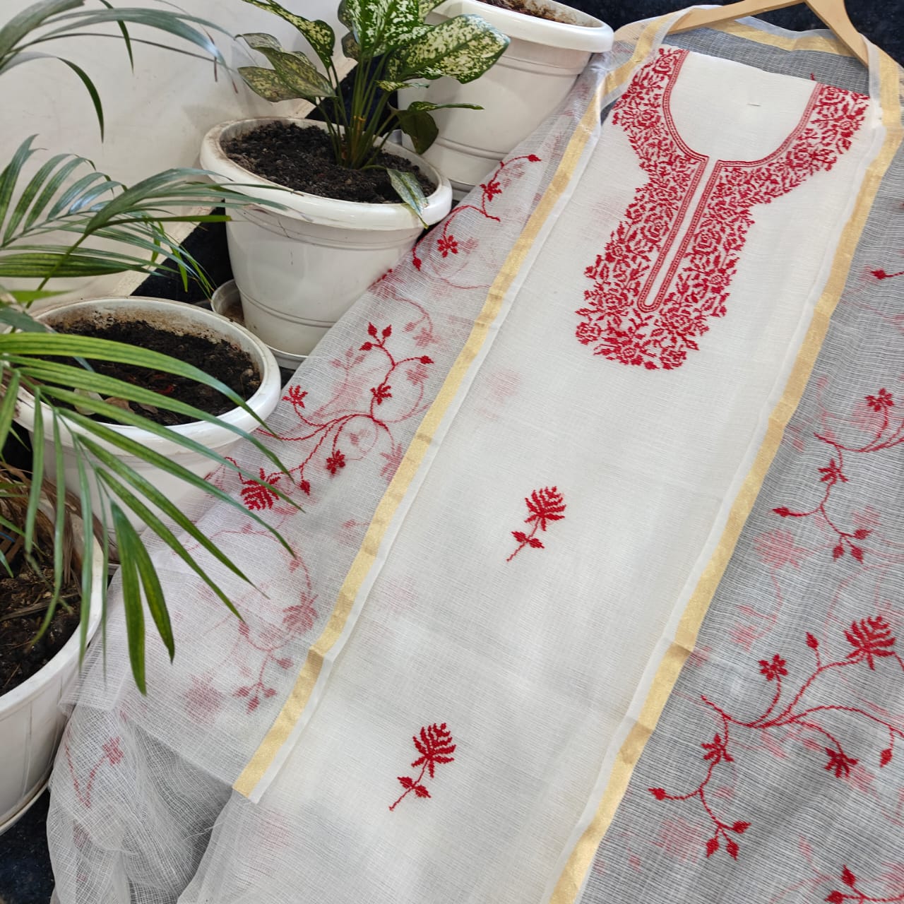 Beautiful Kota Doria Suit In White Colour With Pink Embroidery Work (FKDYS107)