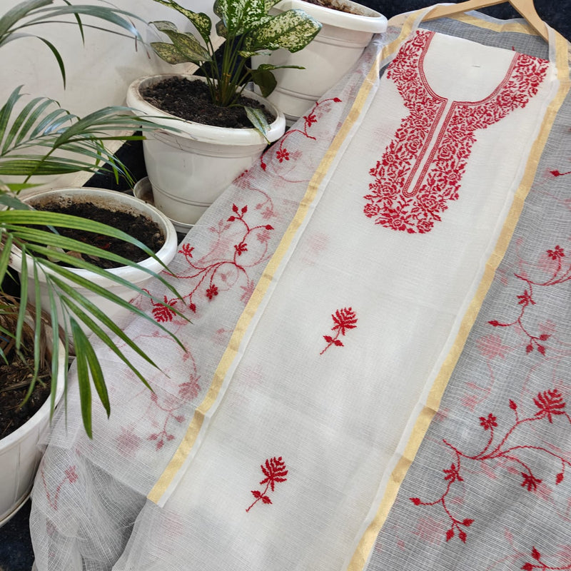 Beautiful Kota Doria Suit In White Colour With Pink Embroidery Work (FKDYS107)