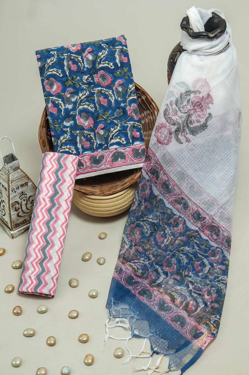 DESIGNER HAND BLOCK PRINT PURE COTTON SUIT MATERIAL WITH KOTA DORIA DUPATTA (3CKDYS69)