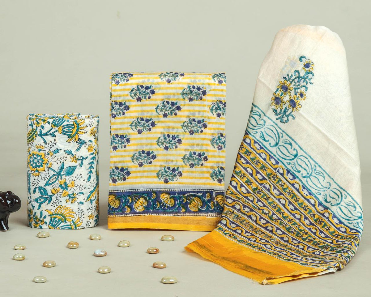 DESIGNER HAND BLOCK PRINT CHANDERI SILK SUIT SET WITH PREMIUM CHANDERI DUPATTA (CHDYS49)