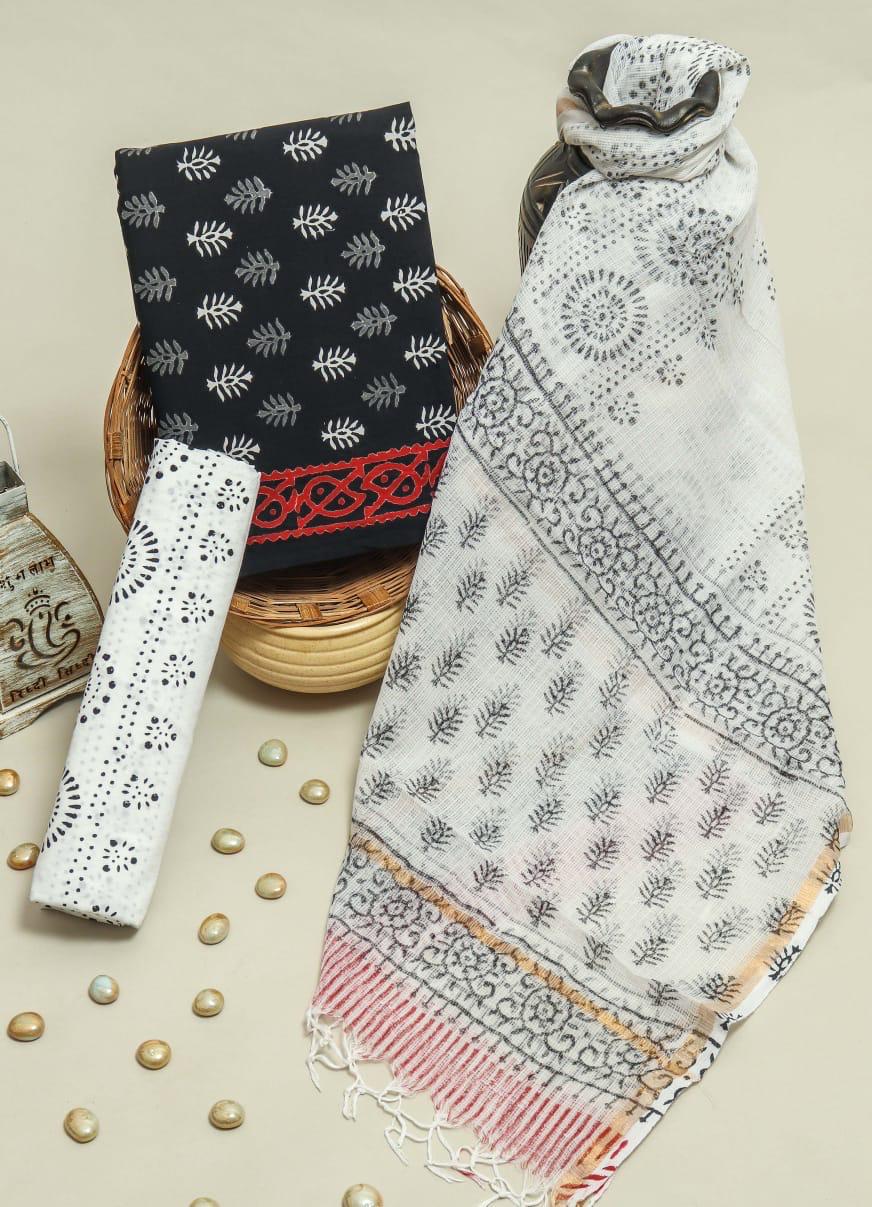 DESIGNER HAND BLOCK PRINT PURE COTTON SUIT MATERIAL WITH KOTA DORIA DUPATTA (3CKDYS82)