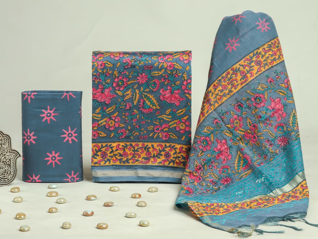 ELEGANT HAND BLOCK CHANDERI SILK SUIT SET WITH CHANDERI DUPATTA (CHDYS294)