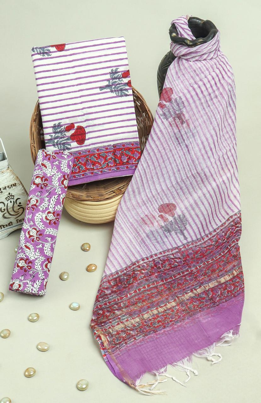 TRADITIONAL HAND HAND BLOCK PURE COTTON SUIT WITH KOTA DORIA DUPATTA (3CKDYS256)