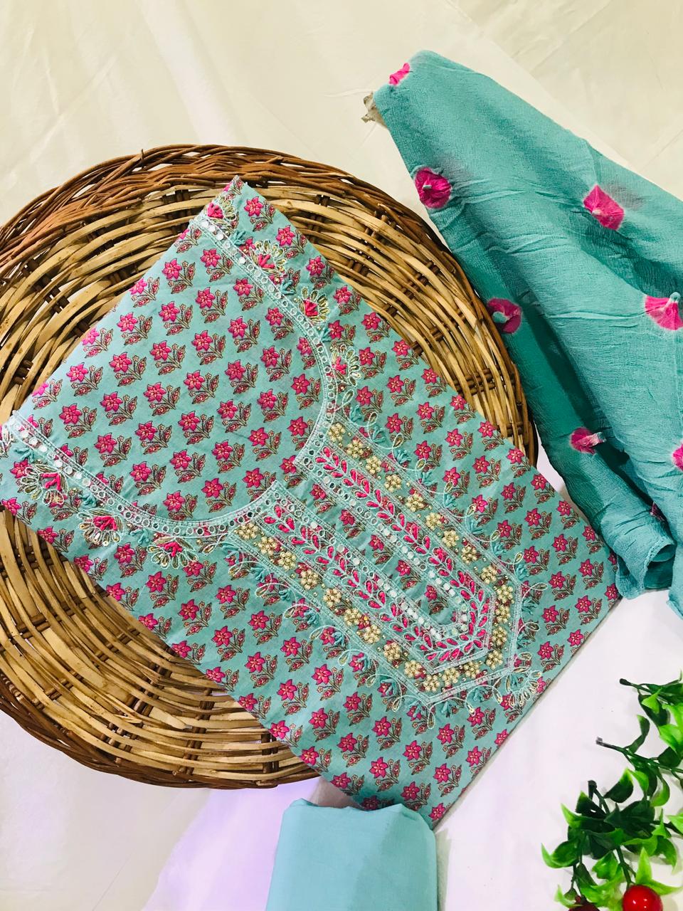 SANGANERI PRINT COTTON SUIT MATERIAL WITH CHIFFION DUPATTA NECK WORK (GOTAYS139)