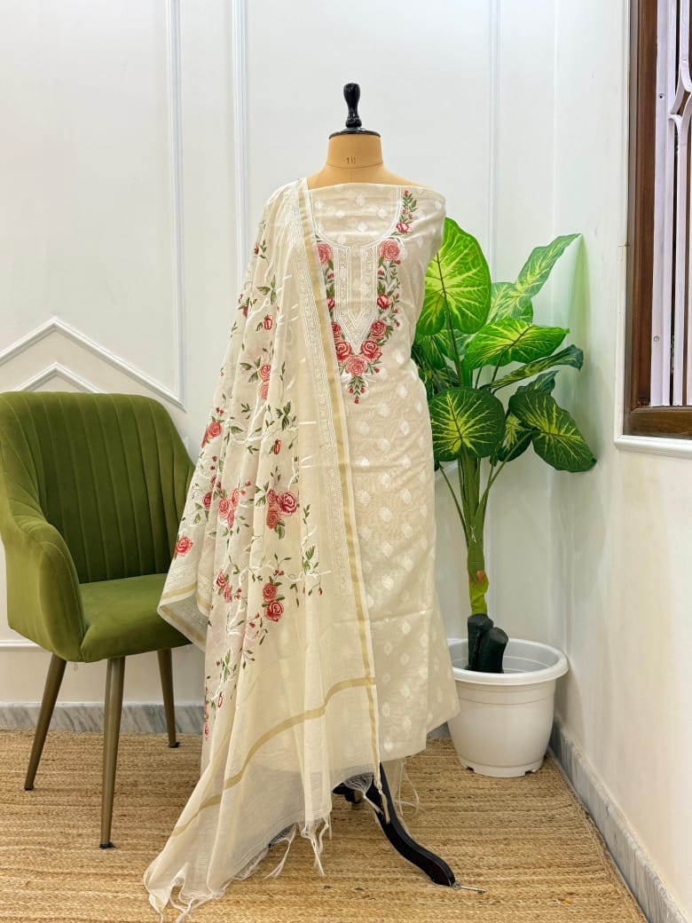 EXCLUSIVE BANARASI WHITE WITH  RED EMBROIDERY SUIT (BWCECS05)