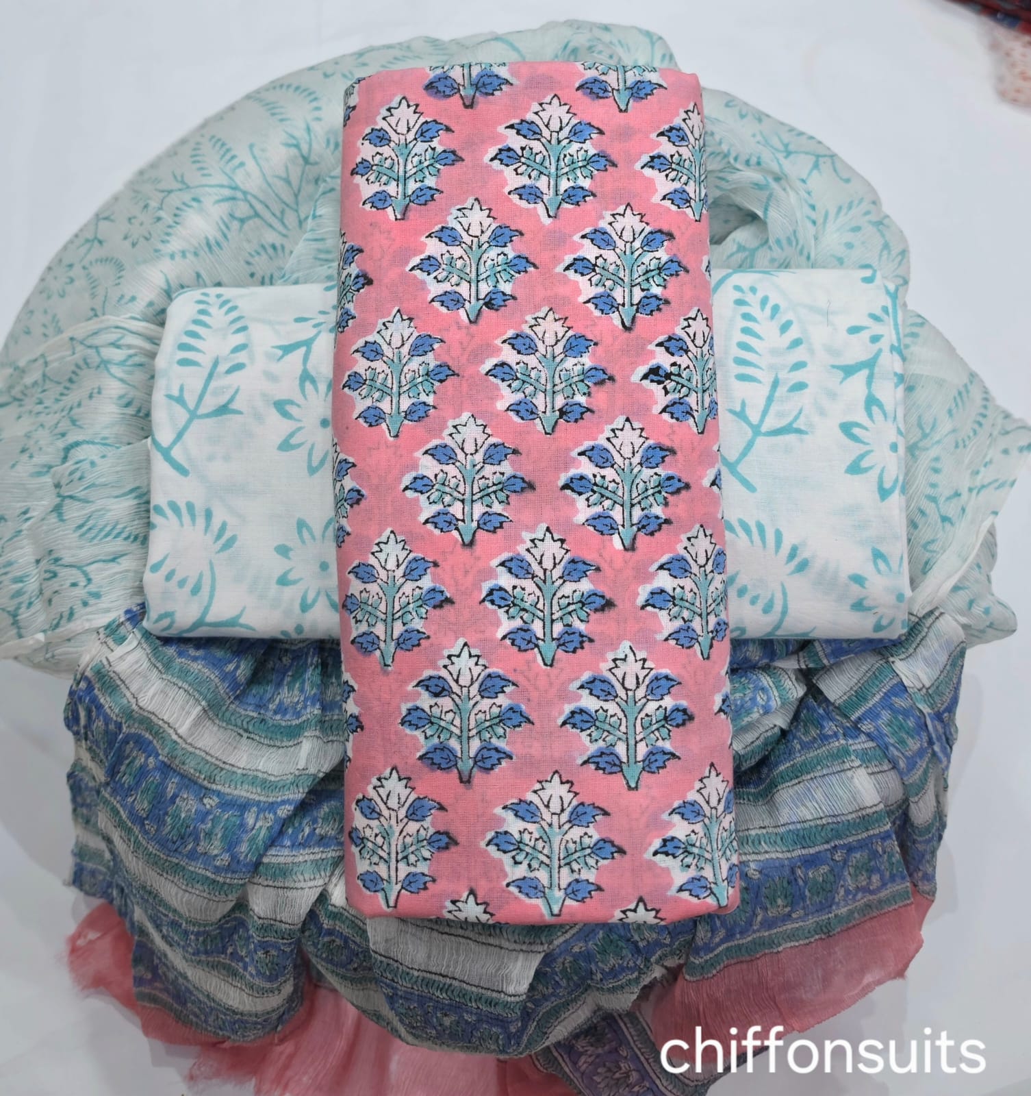 TRADITIONAL HAND BLOCK PRINT PURE COTTON SUIT WITH CHIFFION DUPTTA (PCHFYS154)