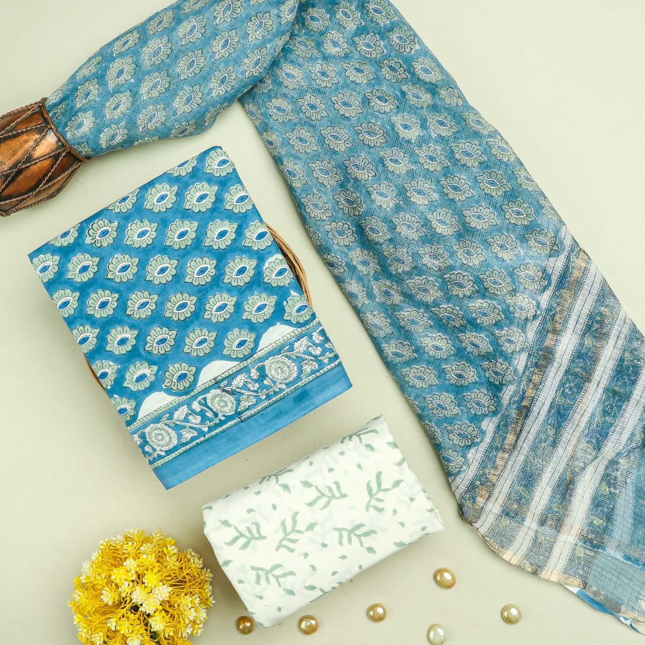 TRADITIONAL HAND HAND BLOCK PURE COTTON SUIT WITH KOTA DORIA DUPATTA (3CKDYS123)