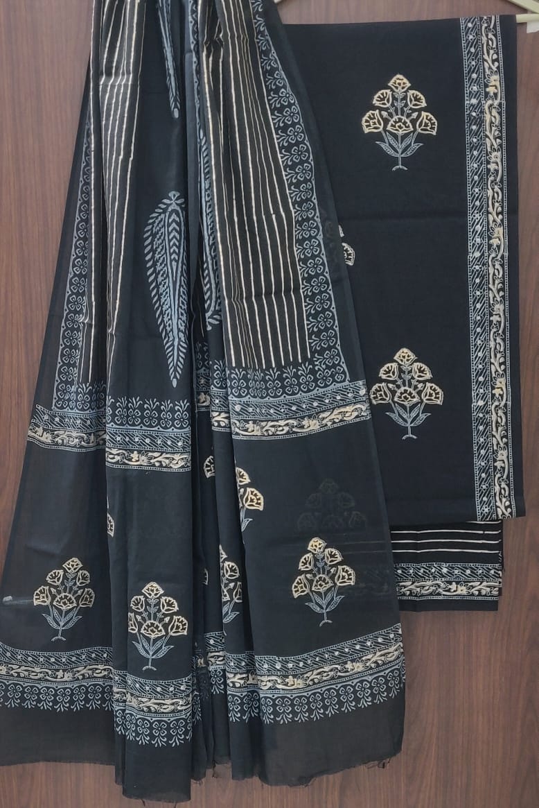 Designer Hand Block Print Cotton Suit Set with Mulmul Dupatta (MALYS295)