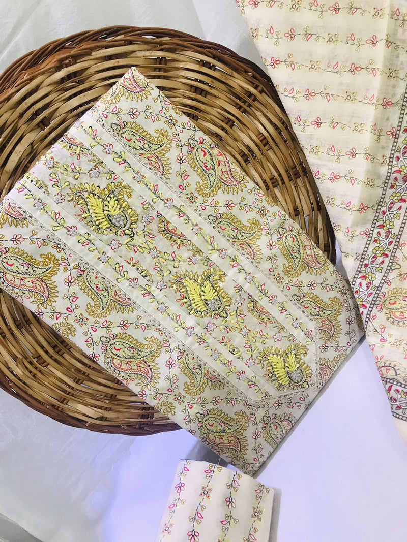 JAIPURI PRINTED COTTON HAND WORK SUITS WITH MULMUL DUPATTA (GOTAYS137)