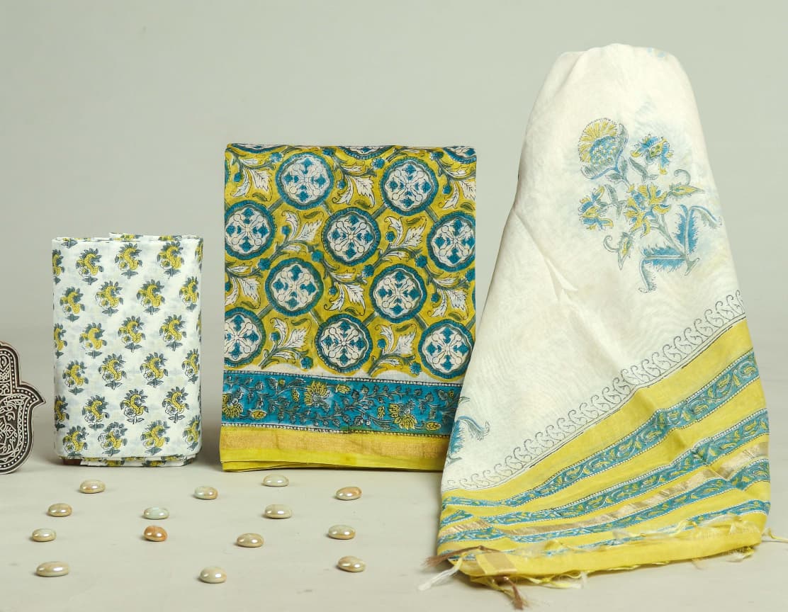 Designer Hand Block Chanderi Silk Suit set with Chanderi Dupatta (CHDYS129)