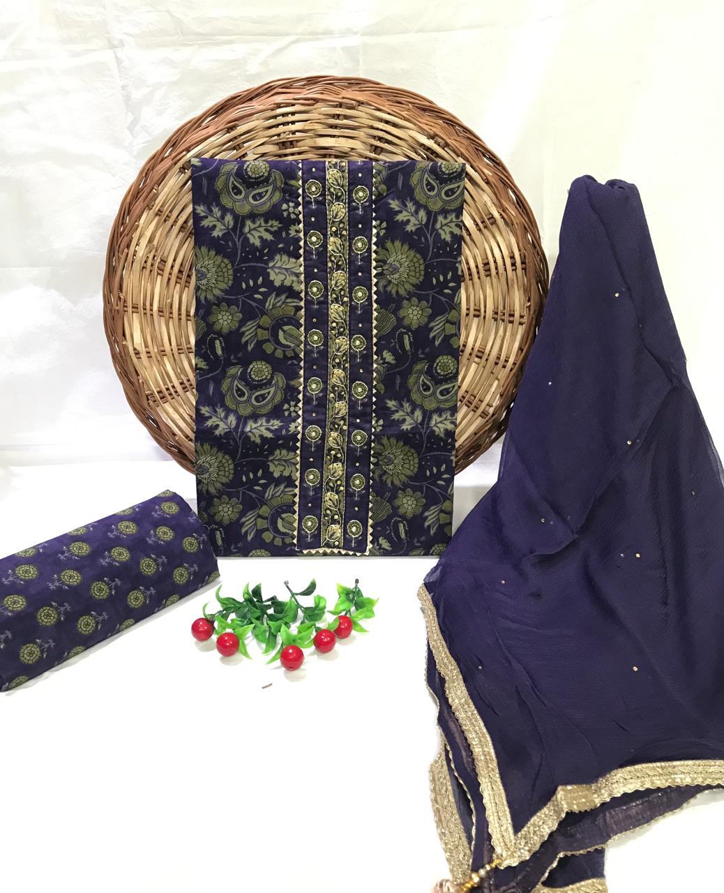 SANGANERI PRINT COTTON SUIT MATERIAL WITH CHIFFION DUPATTA NECK WORK (GOTAYS144)
