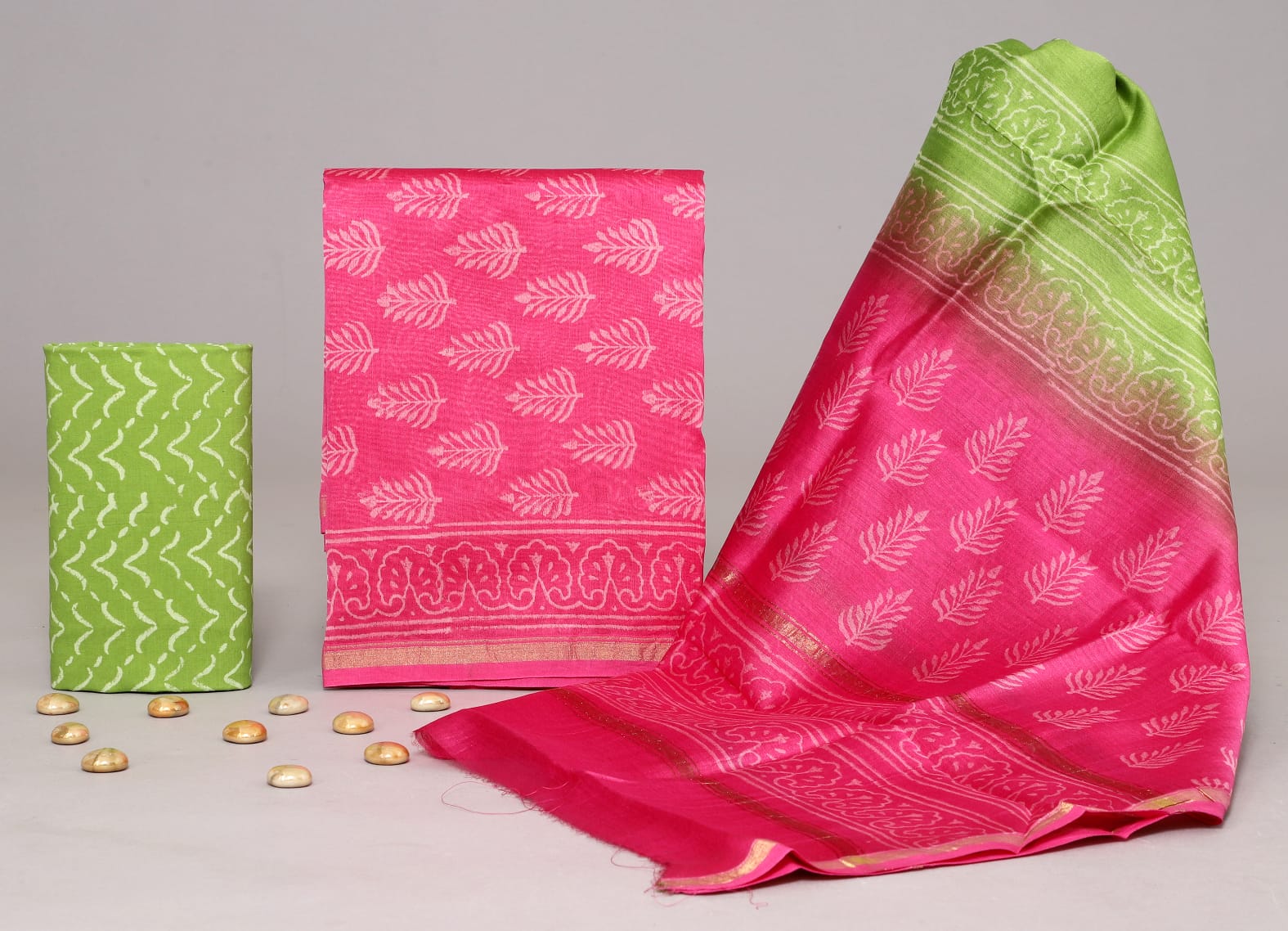 DESIGNER HAND BLOCK PRINT CHANDERI SILK SUIT SET WITH PREMIUM CHANDERI DUPATTA (CHDYS94)