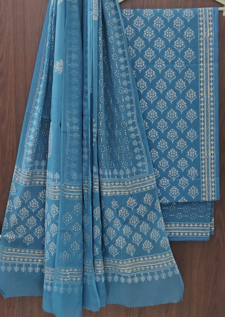 ELEGANT AND BLOCK PRINT PURE COTTON SUIT WITH COTTON MULMUL DUPATTA(MALYS150)