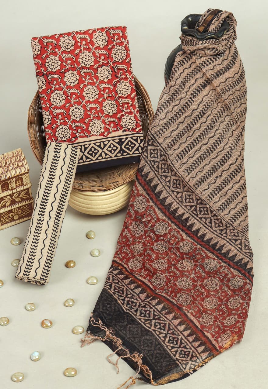 APPEALING HAND BLOCK PRINT COTTON SUIT WITH KOTA DORIA DUPATTA (3CKDYS250)