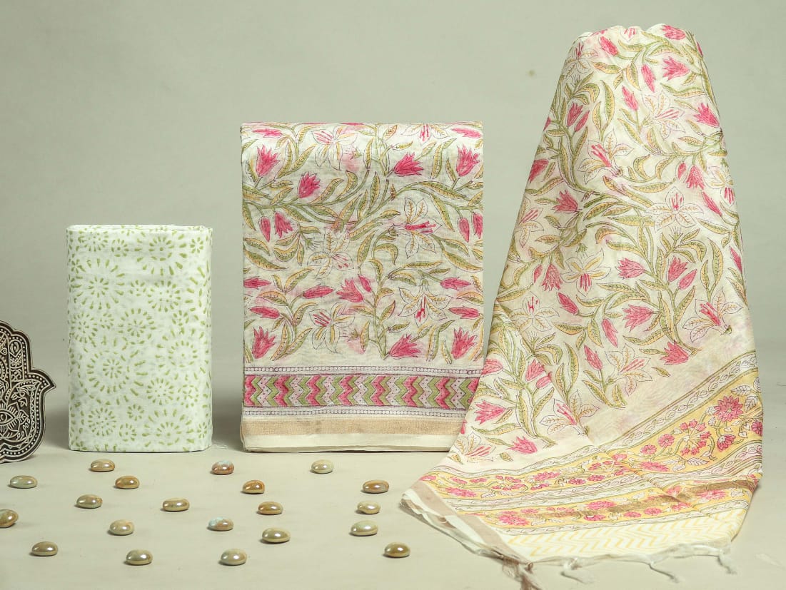 TRADITIONAL HAND BLOCK CHANDERI SILK SUIT SET WITH CHANDERI DUPATTA (CHDYS247)