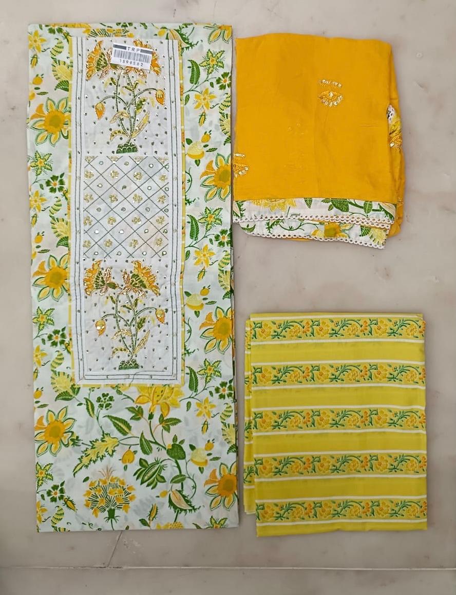 Sanganeri Print Cotton Suit Material With Chiffion Dupatta Hand work (GOTAYS107)