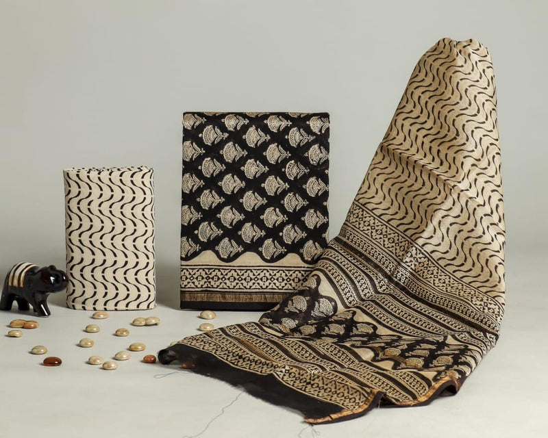 ELEGANT HAND BLOCK CHANDERI SILK SUIT SET WITH CHANDERI DUPATTA (CHDYS190)