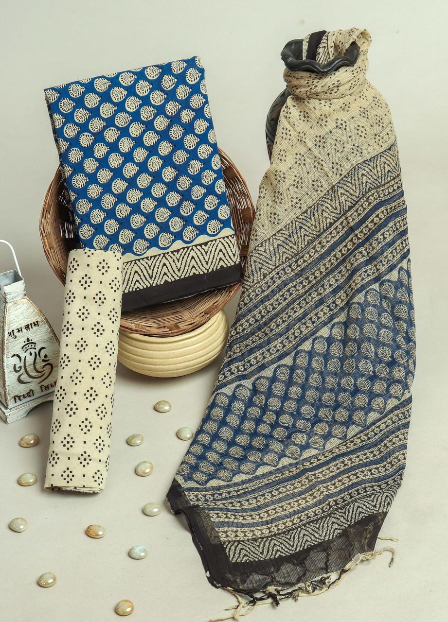 DESIGNER HAND BLOCK PRINT COTTON SUIT WITH KOTA DORIA DUPATTA (3CKDYS22)