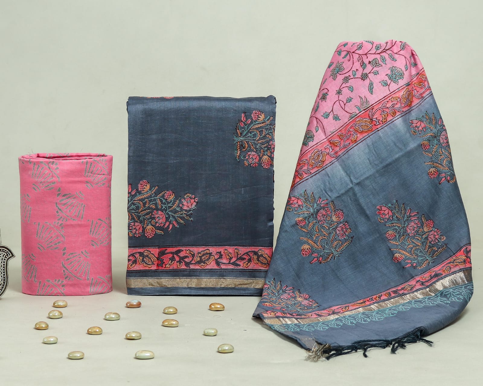 DESIGNER HAND BLOCK PRINT CHANDERI SILK SUIT SET WITH PREMIUM CHANDERI DUPATTA (CHDYS55)
