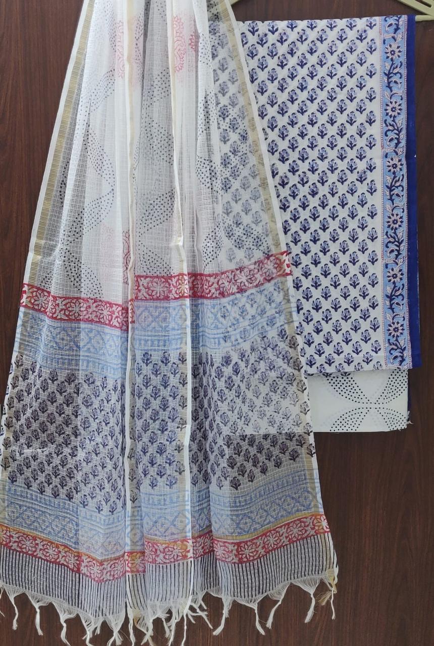 DESIGNER HAND BLOCK PRINT PURE COTTON SUIT MATERIAL WITH KOTA DORIA DUPATTA (3CKDYS86)