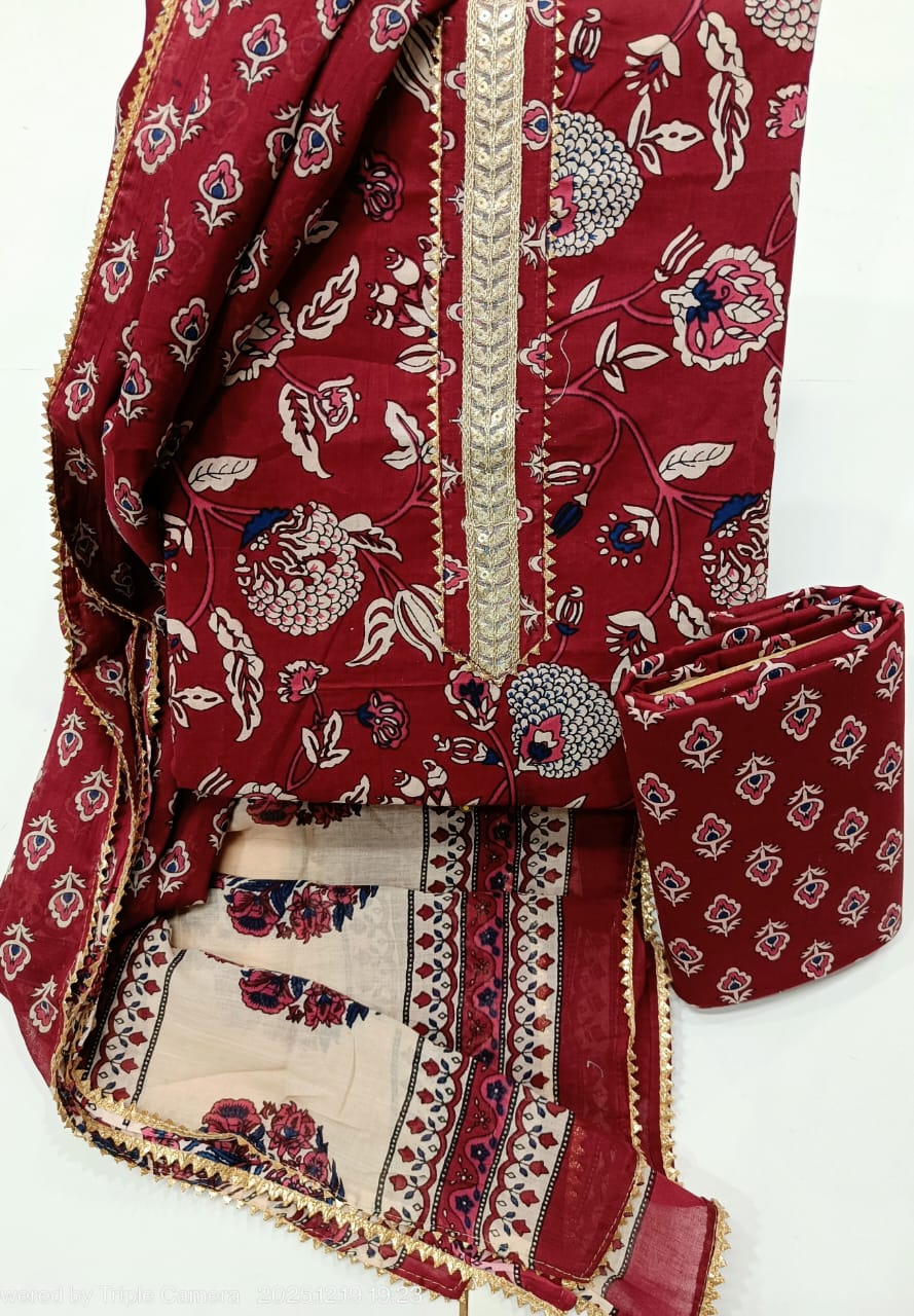 SANGANERI PRINT COTTON SUIT MATERIAL WITH COTTON DUPATTA HAND WORK (GOTAYS126)