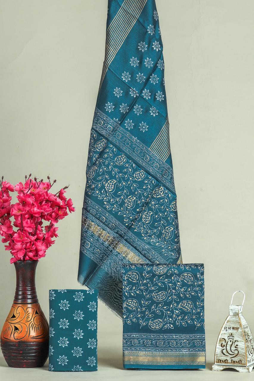 TRADITIONAL HAND BLOCK AJRAK PRINT MAHESHWARI SILK SUIT WITH MAHESHWARI SILK DUPATTA (MSLYS171)
