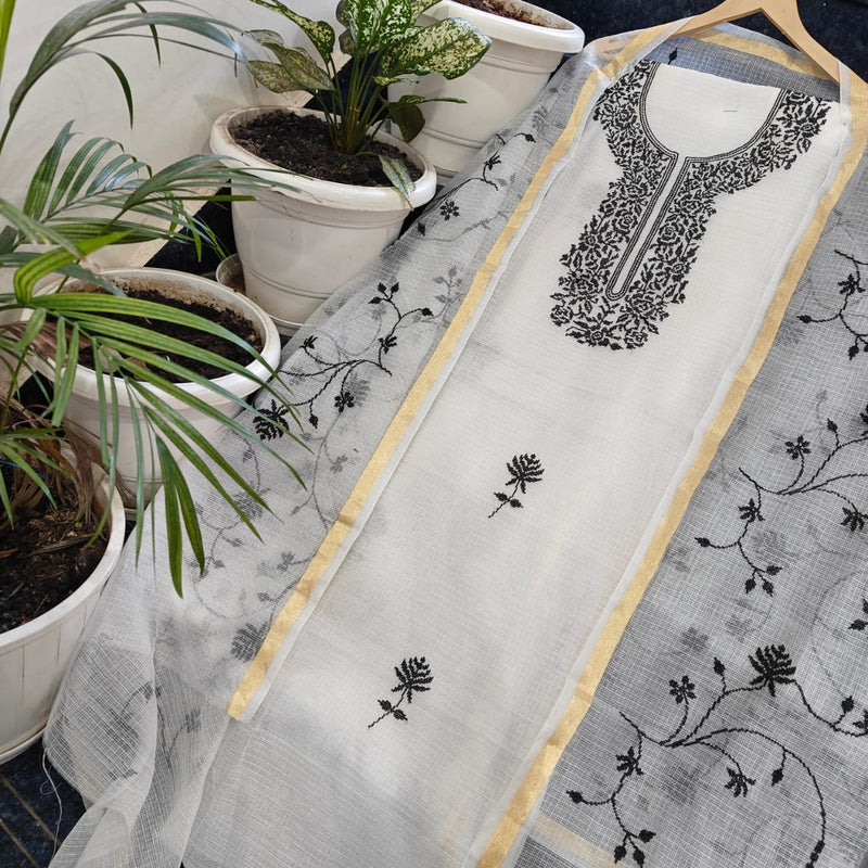 Beautiful Kota Doria Suit In White Colour With Black Embroidery Work(FKDYS105)