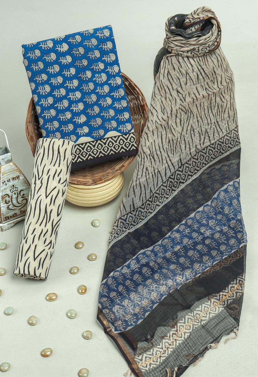 FLORAL HAND BLOCK PRINT PURE COTTON SUIT WITH DORIA DUPATTA(3CKDYS147)