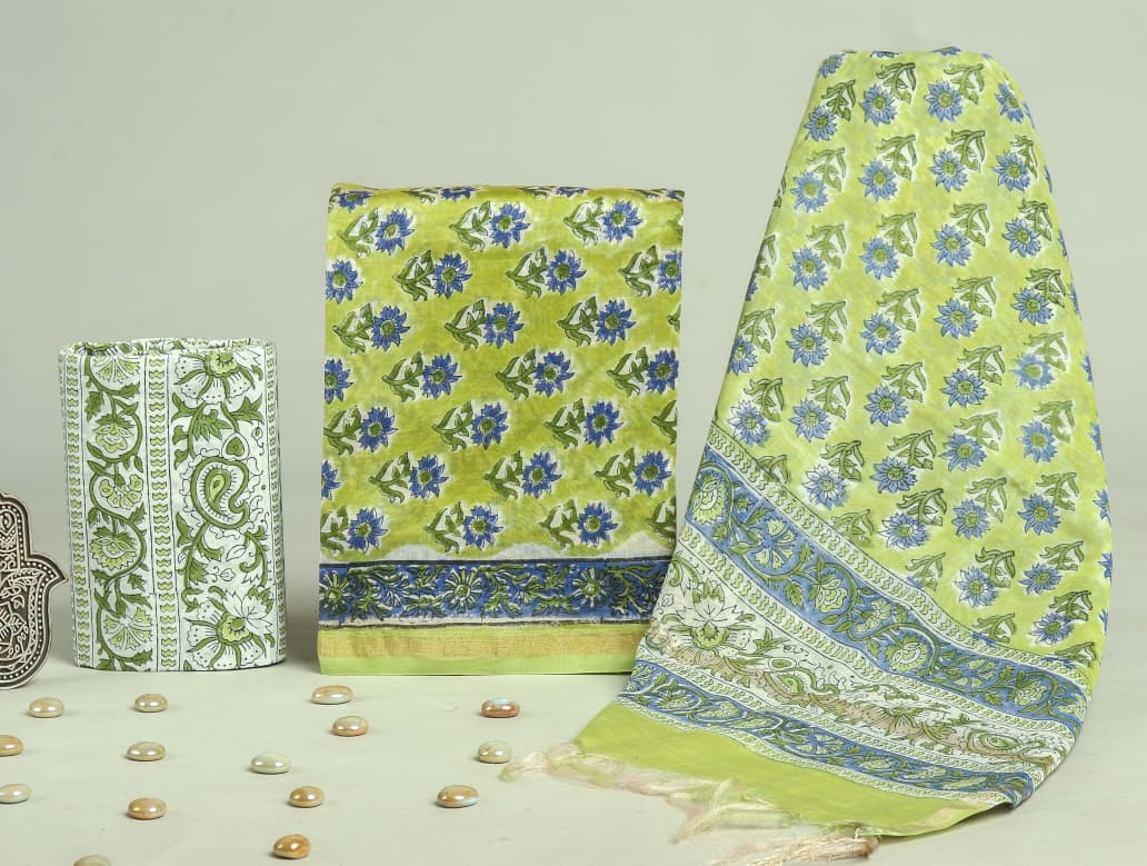 TRADITIONAL HAND BLOCK CHANDERI SILK SUIT SET WITH CHANDERI DUPATTA (CHDYS256)
