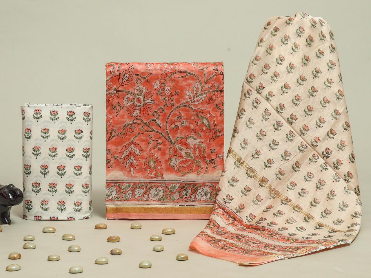 ELEGANT HAND BLOCK CHANDERI SILK SUIT SET WITH CHANDERI DUPATTA (CHDYS261)