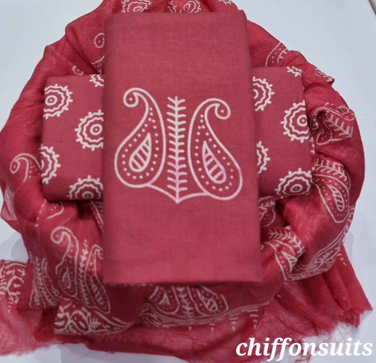 DESIGNER HAND BLOCK PRINT PURE COTTON SUIT WITH CHIFFON DUPATTA (PCHFYS65)