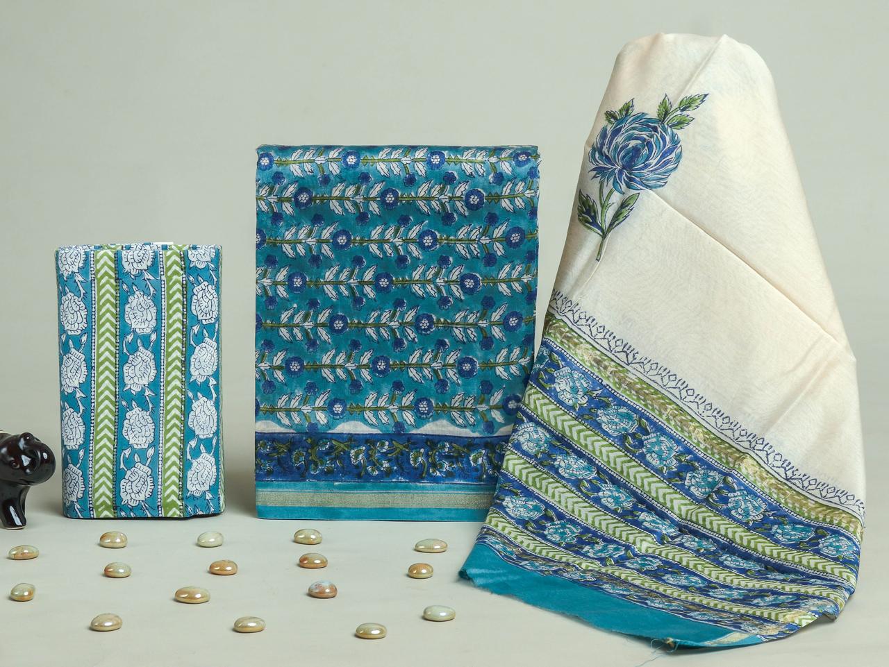 DESIGNER HAND BLOCK PRINT CHANDERI SILK SUIT SET WITH PREMIUM CHANDERI DUPATTA (CHDYS81)