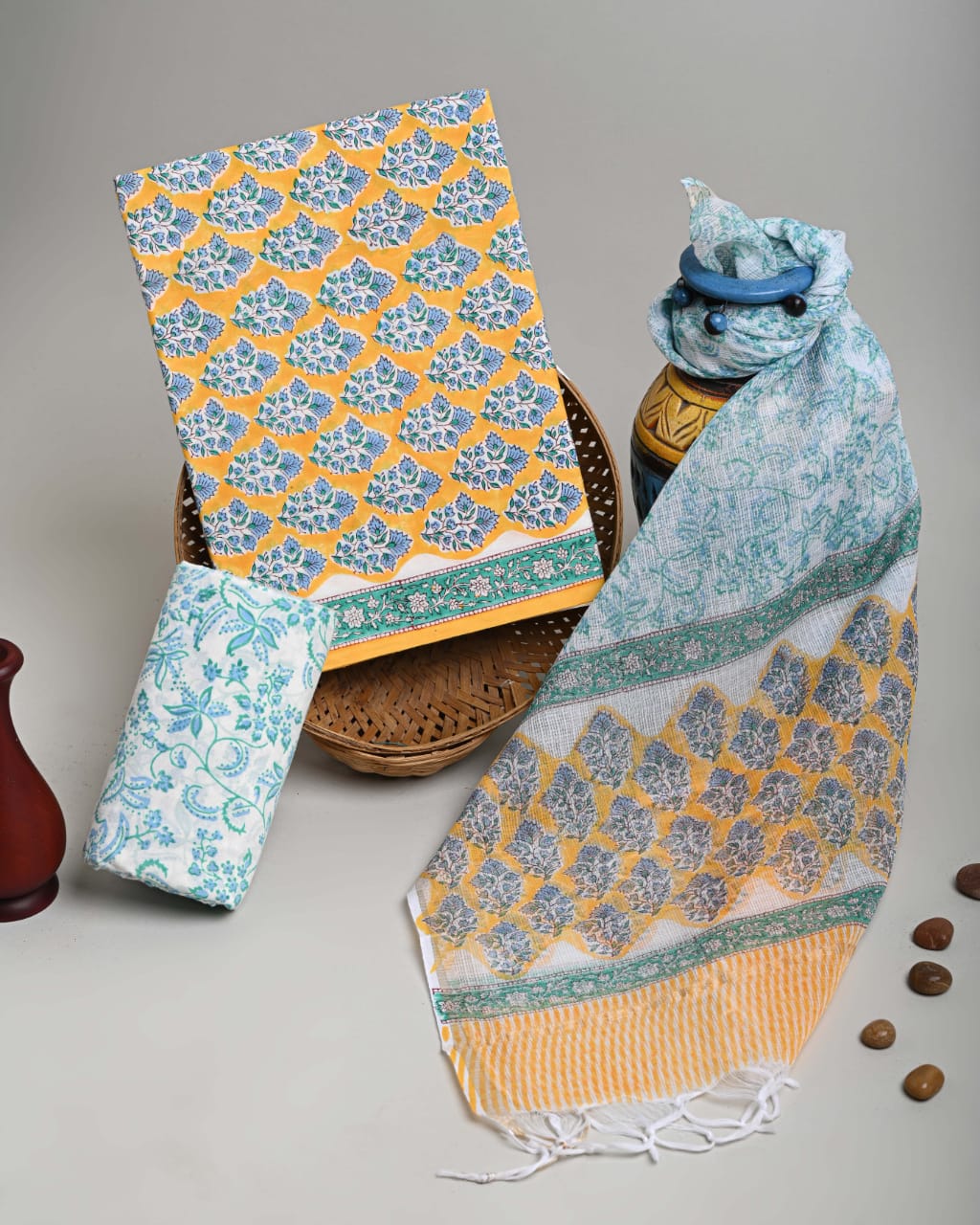 DESIGNER HAND BLOCK PRINT PURE COTTON SUIT MATERIAL WITH KOTA DORIA DU