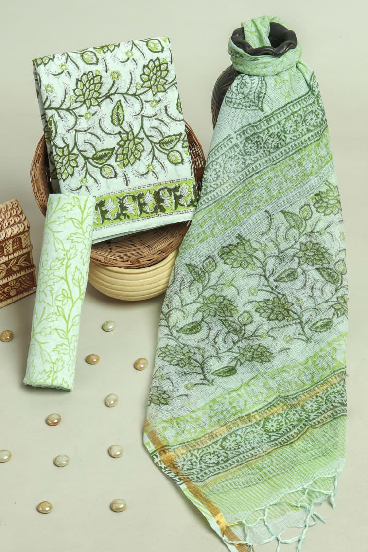 ELEGANT HAND BLOCK PURE COTTON SUIT WITH KOTA DORIA DUPATTA (3CKDYS121)