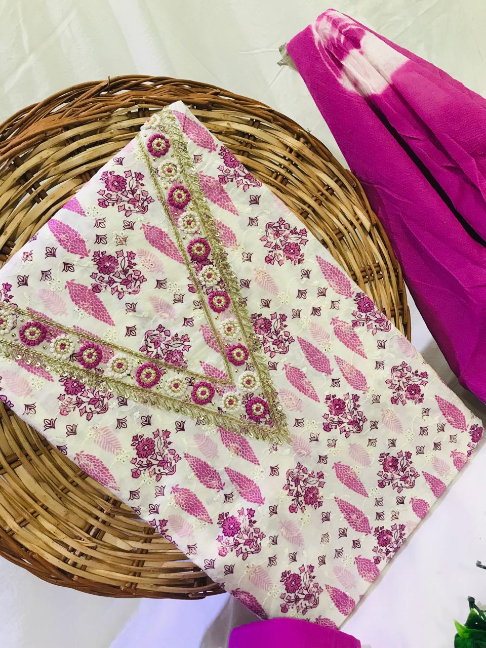 Sanganeri print cotton suit material with Chiffion dupatta Gotta Hand work (GOTAYS67)