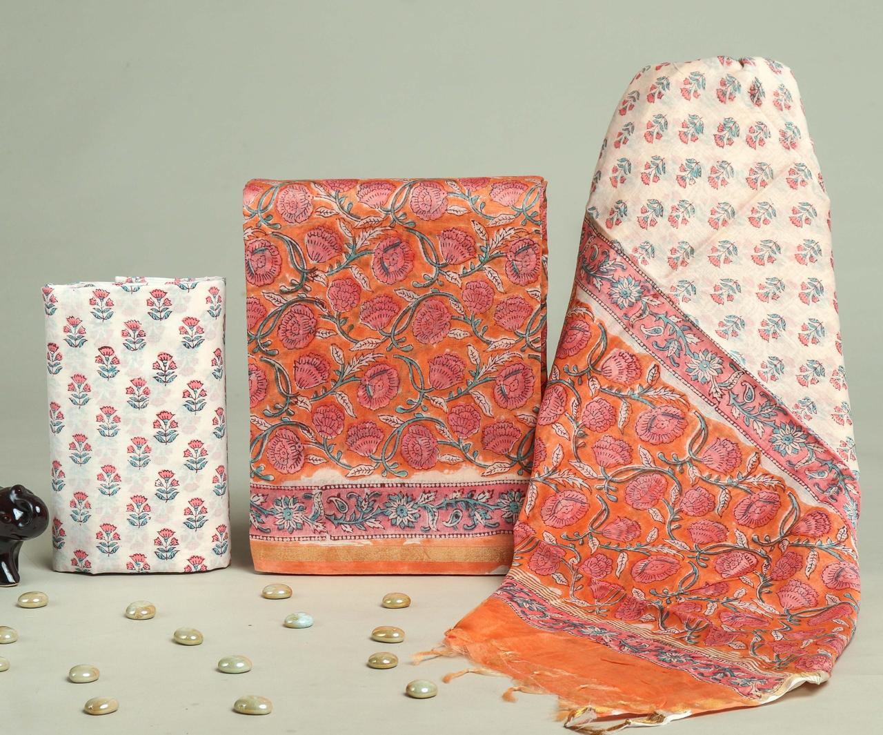 TRADITIONAL HAND BLOCK CHANDERI SILK SUIT SET WITH CHANDERI DUPATTA (CHDYS246)